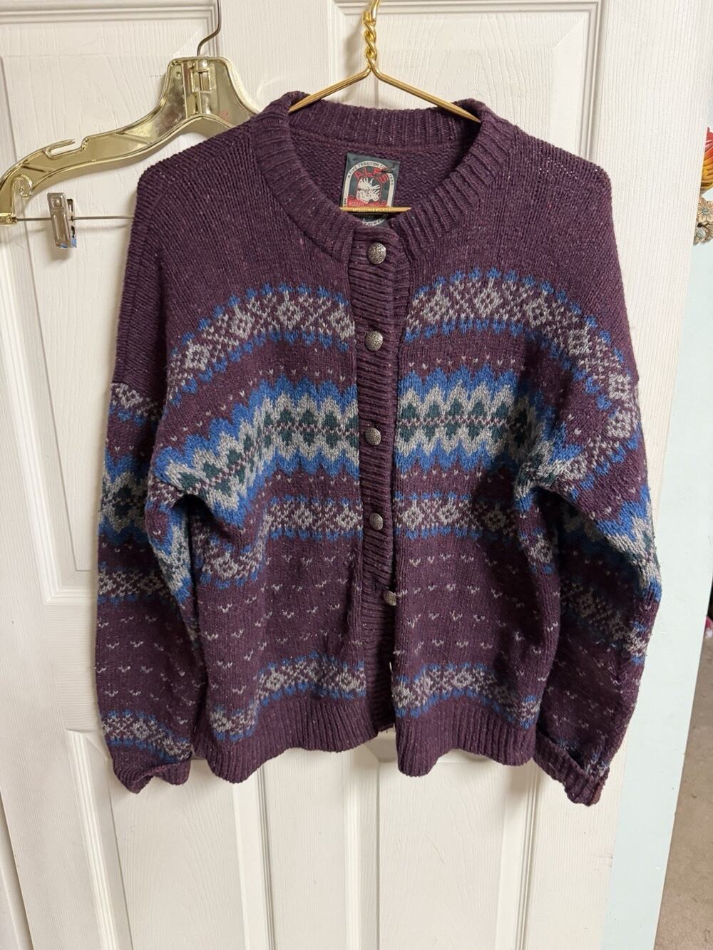 Vtg Alps Fine Purple Apparel 100% Wool Nordic Ski Cardigan Sweater Med 44w. - Picture 1 of 6